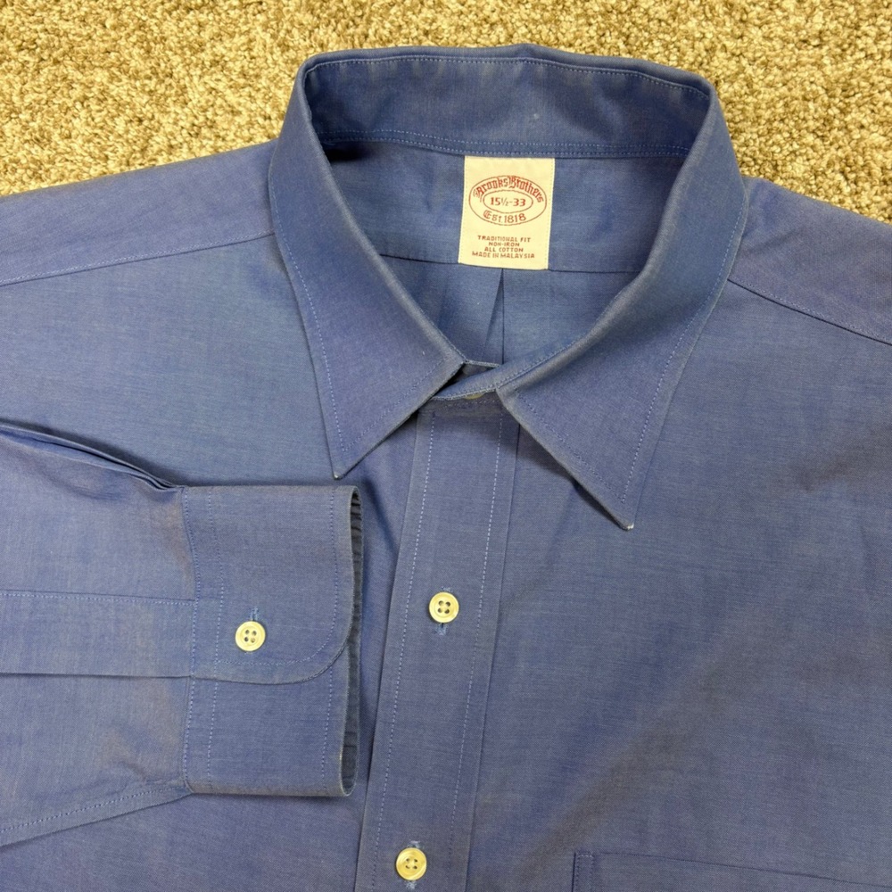 Brooks Brothers Dress Shirt Mens 15.5 33 Blue Traditional Fit Cotton Solid Bue